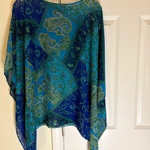 Susan Graver Blue and Green Patchwork Sheer Flowy Scarf Top